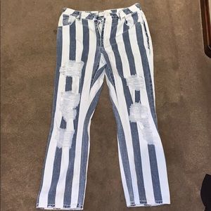 Blue and white striped ripped jeans